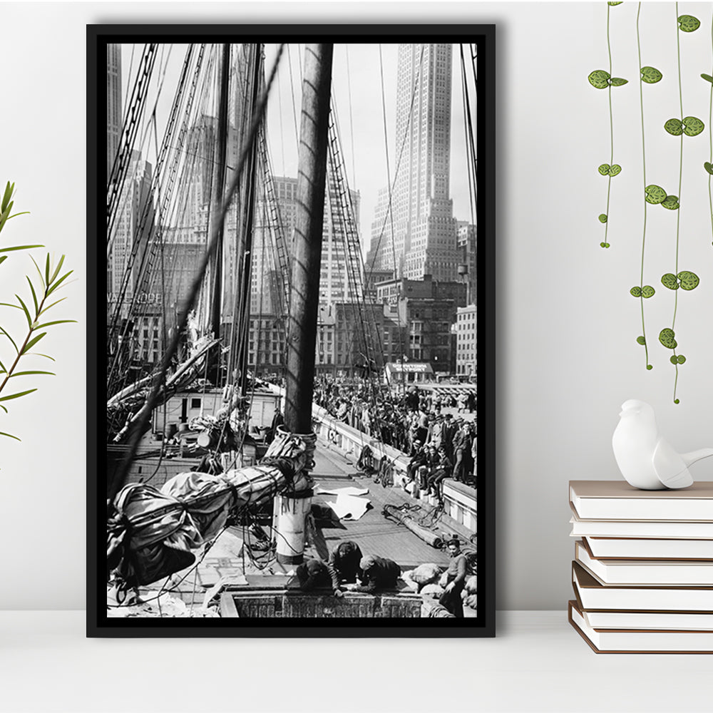 Sailboat at New York Piers Black and White Art Nautical Wall Art, Floating Framed Canvas Print