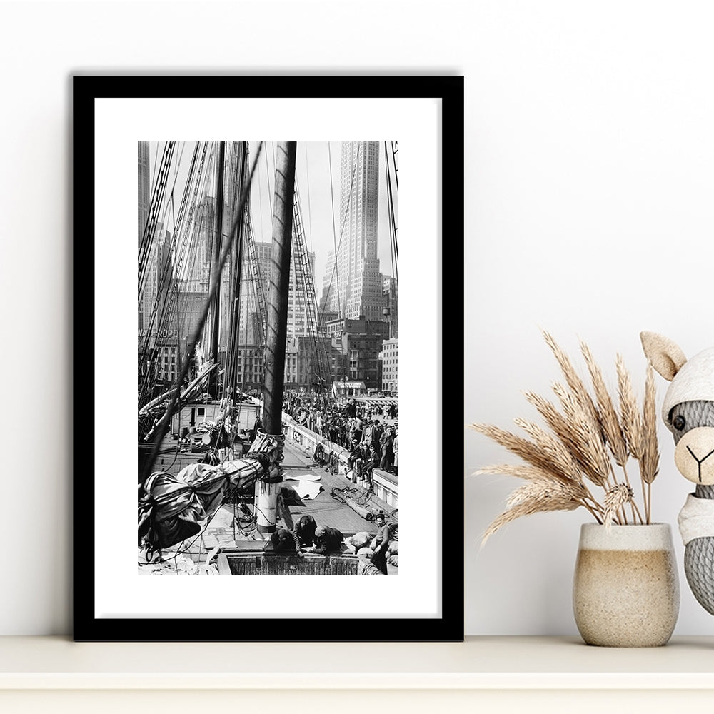 Sailboat at New York Piers Black and White Art Nautical Wall Art, Framed Art Print White Border Wall Decor