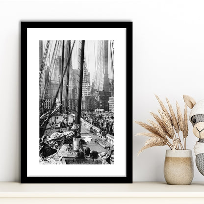 Sailboat at New York Piers Black and White Art Nautical Wall Art, Framed Art Print White Border Wall Decor