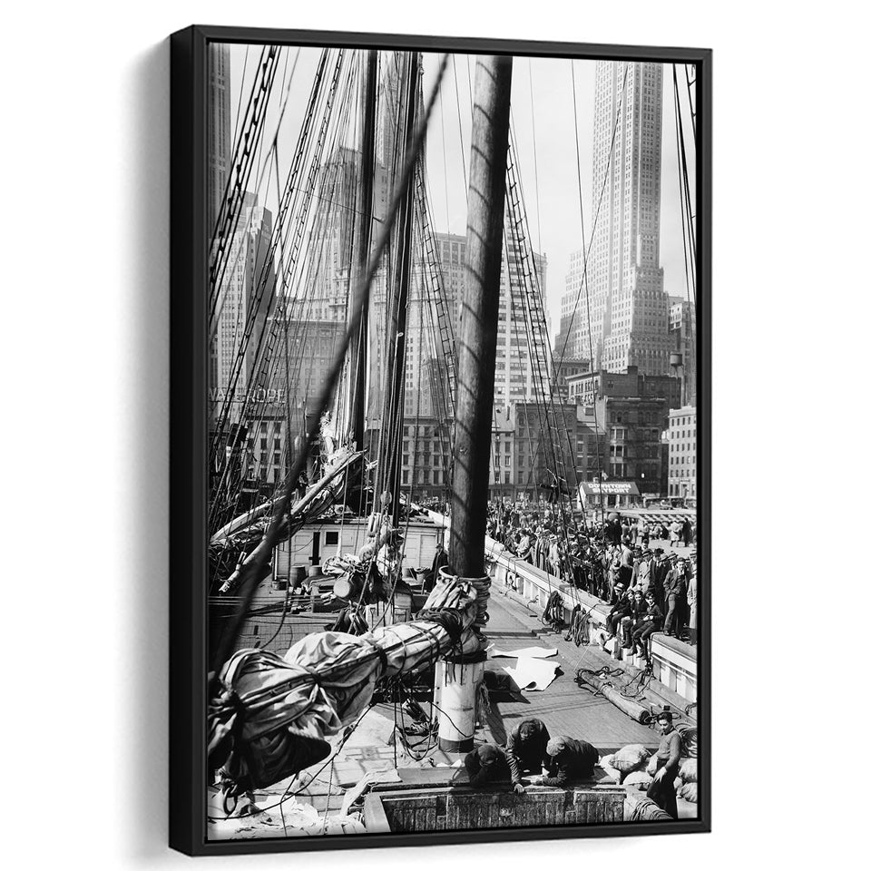 Sailboat at New York Piers Black and White Art Nautical Wall Art, Floating Framed Canvas Print