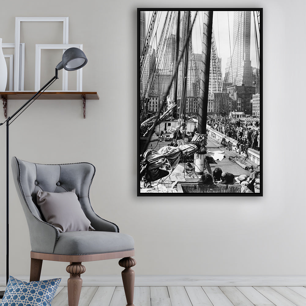 Sailboat at New York Piers Black and White Art Nautical Wall Art, Floating Framed Canvas Print