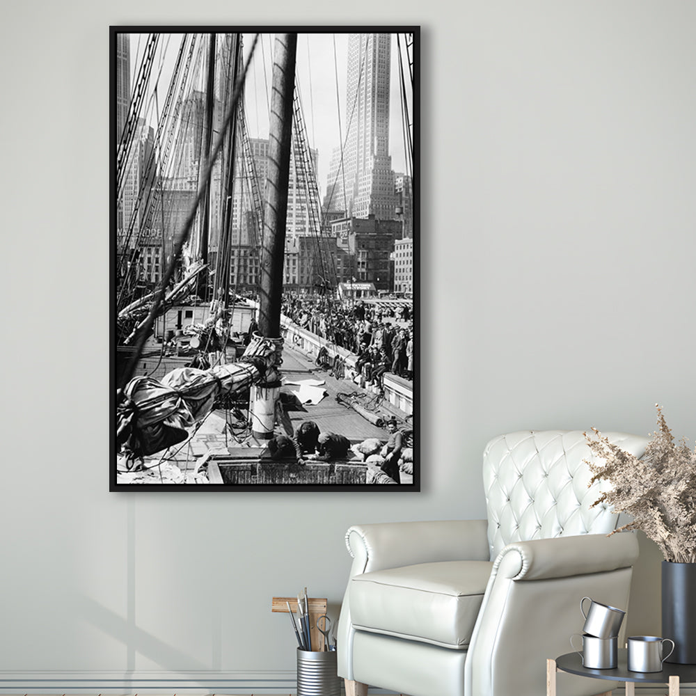 Sailboat at New York Piers Black and White Art Nautical Wall Art, Floating Framed Canvas Print