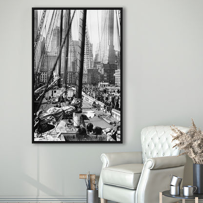 Sailboat at New York Piers Black and White Art Nautical Wall Art, Floating Framed Canvas Print