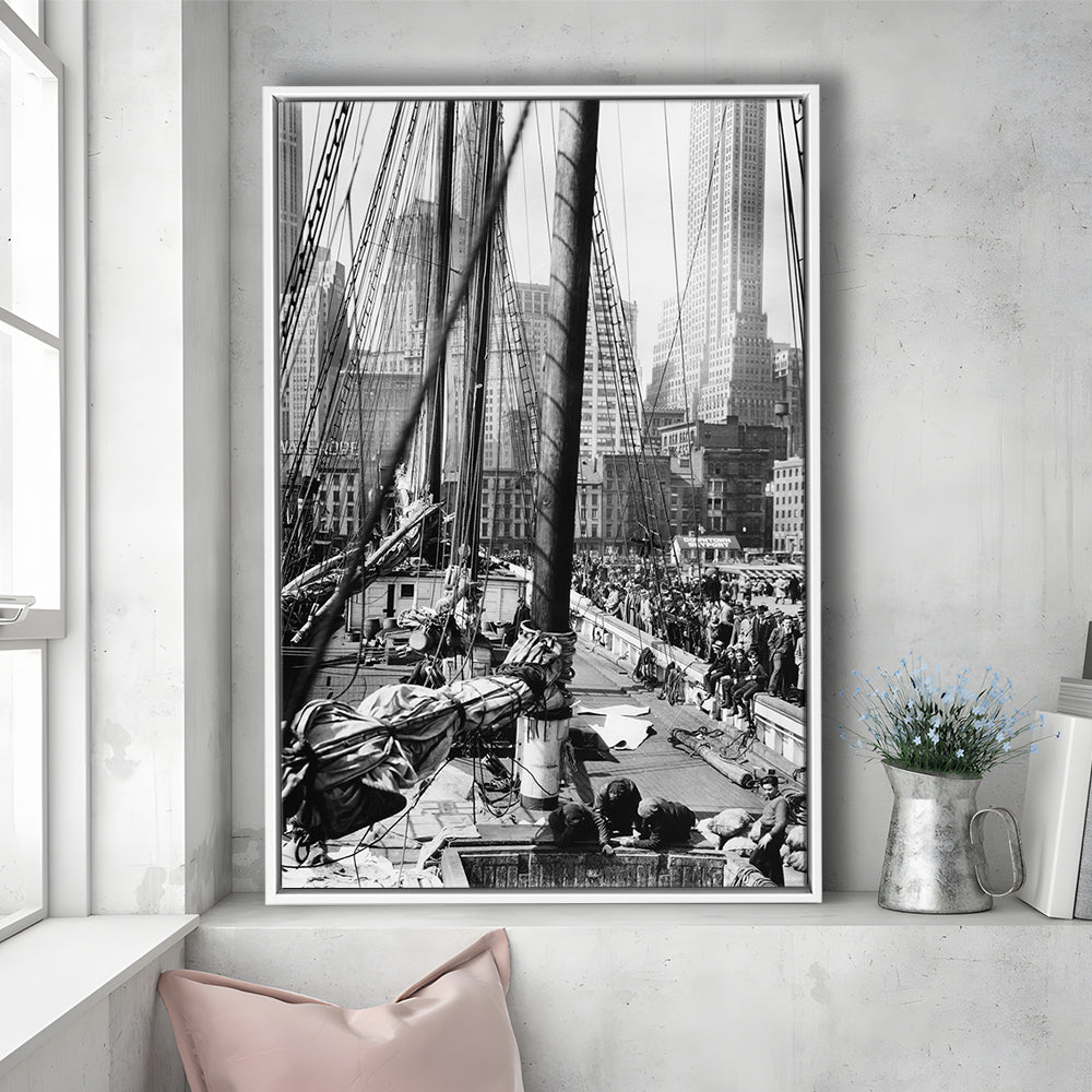 Sailboat at New York Piers Black and White Art Nautical Wall Art, Floating Framed Canvas Print