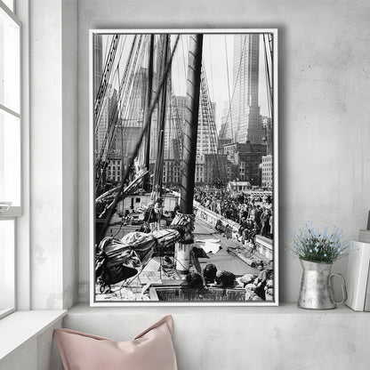 Sailboat at New York Piers Black and White Art Nautical Wall Art, Floating Framed Canvas Print