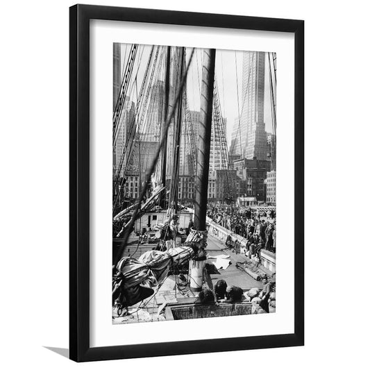 Sailboat at New York Piers Black and White Art Nautical Wall Art, Framed Art Print White Border Wall Decor
