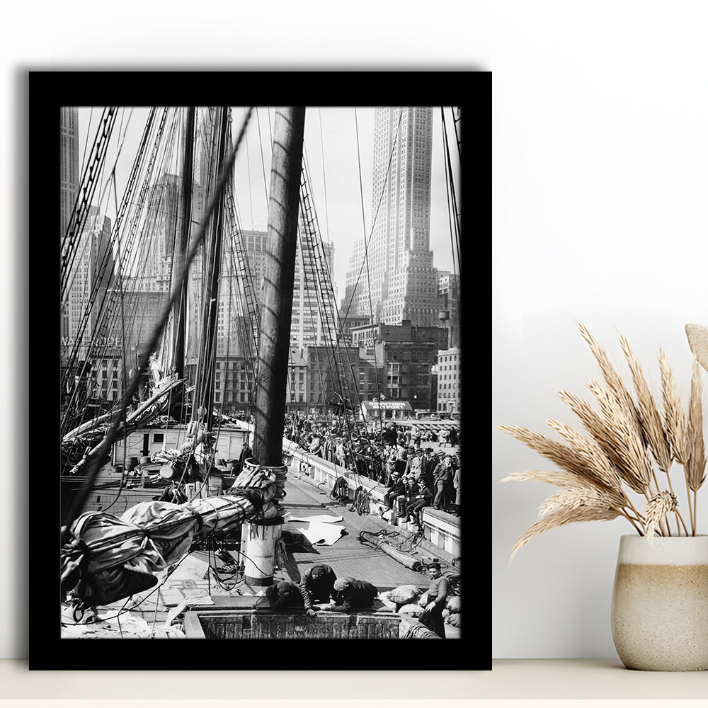 Sailboat at New York Piers Black and White Art Nautical Wall Art, Framed Art Print Wall Decor