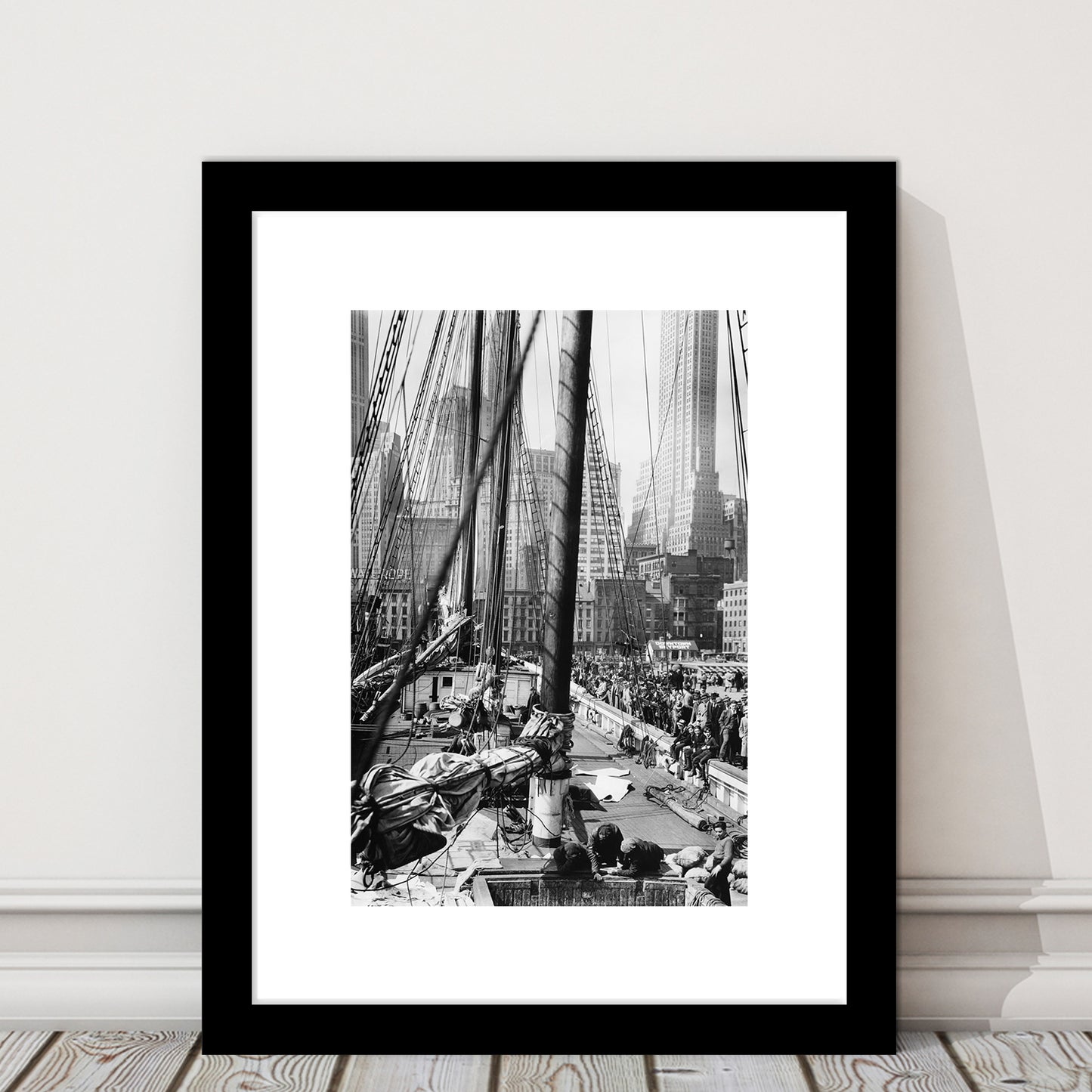Sailboat at New York Piers Black and White Art Nautical Wall Art, Framed Art Print White Border Wall Decor