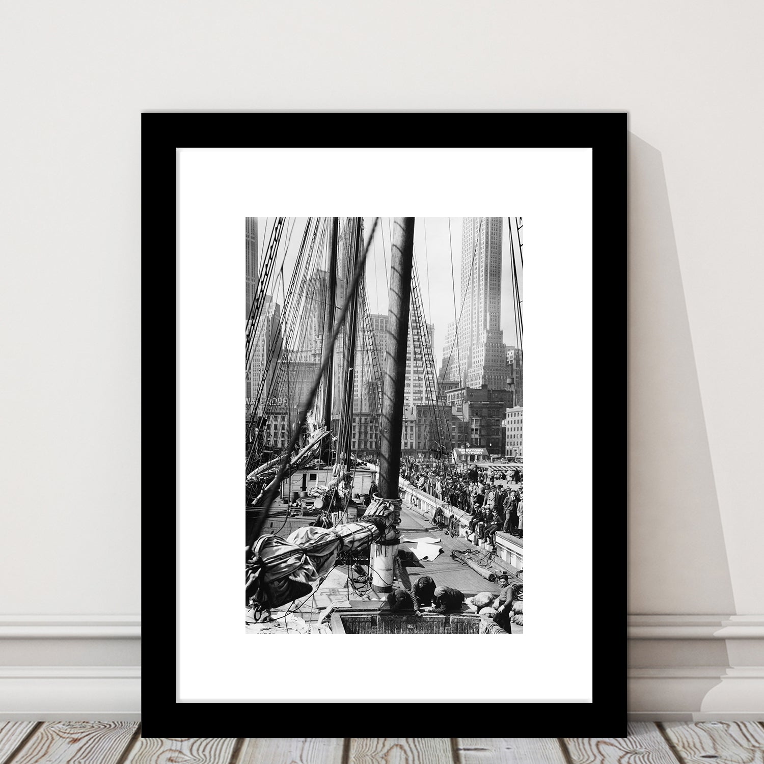 Sailboat at New York Piers Black and White Art Nautical Wall Art, Framed Art Print White Border Wall Decor