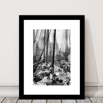 Sailboat at New York Piers Black and White Art Nautical Wall Art, Framed Art Print White Border Wall Decor