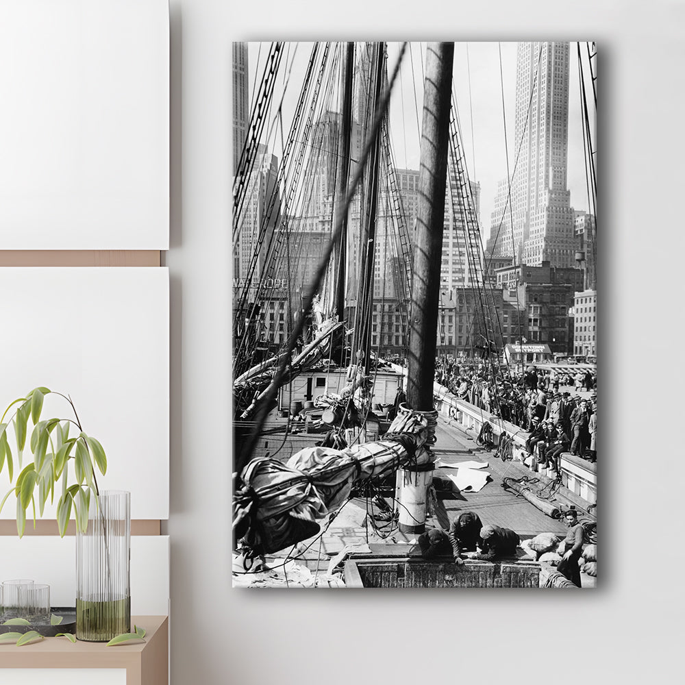 Sailboat at New York Piers Black and White Art Nautical Wall Art, Canvas Print Wall Art