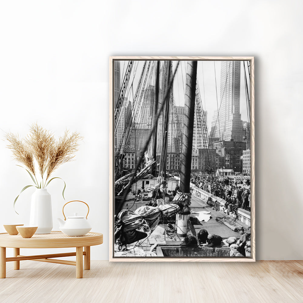 Sailboat at New York Piers Black and White Art Nautical Wall Art, Floating Framed Canvas Print