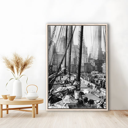 Sailboat at New York Piers Black and White Art Nautical Wall Art, Floating Framed Canvas Print