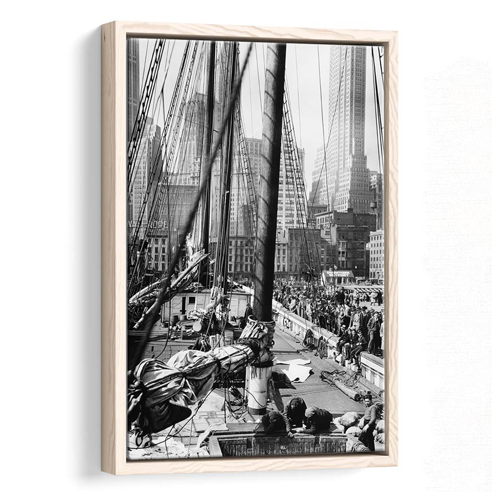 Sailboat at New York Piers Black and White Art Nautical Wall Art, Floating Framed Canvas Print