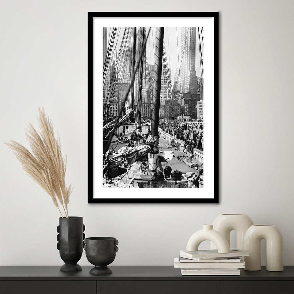 Sailboat at New York Piers Black and White Art Nautical Wall Art, Framed Art Print White Border Wall Decor
