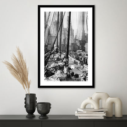 Sailboat at New York Piers Black and White Art Nautical Wall Art, Framed Art Print White Border Wall Decor