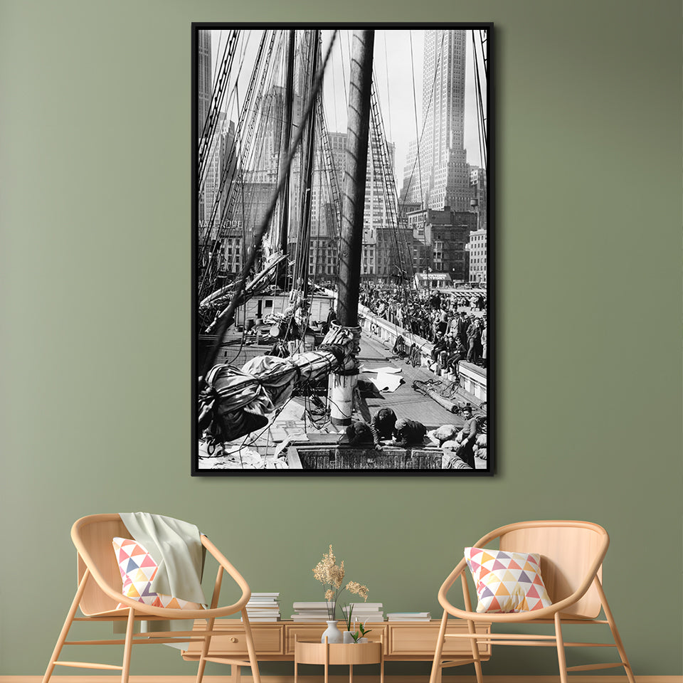 Sailboat at New York Piers Black and White Art Nautical Wall Art, Floating Framed Canvas Print