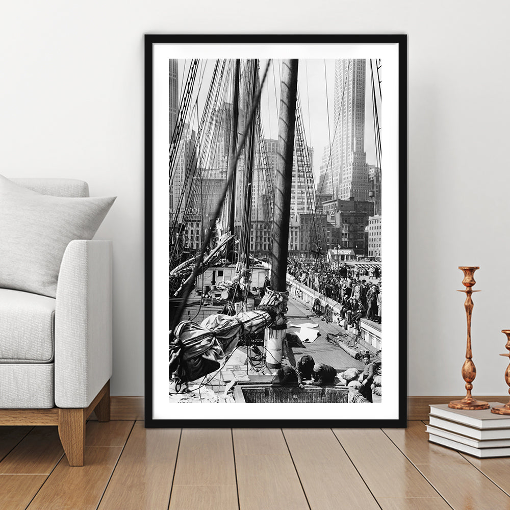 Sailboat at New York Piers Black and White Art Nautical Wall Art, Framed Art Print White Border Wall Decor