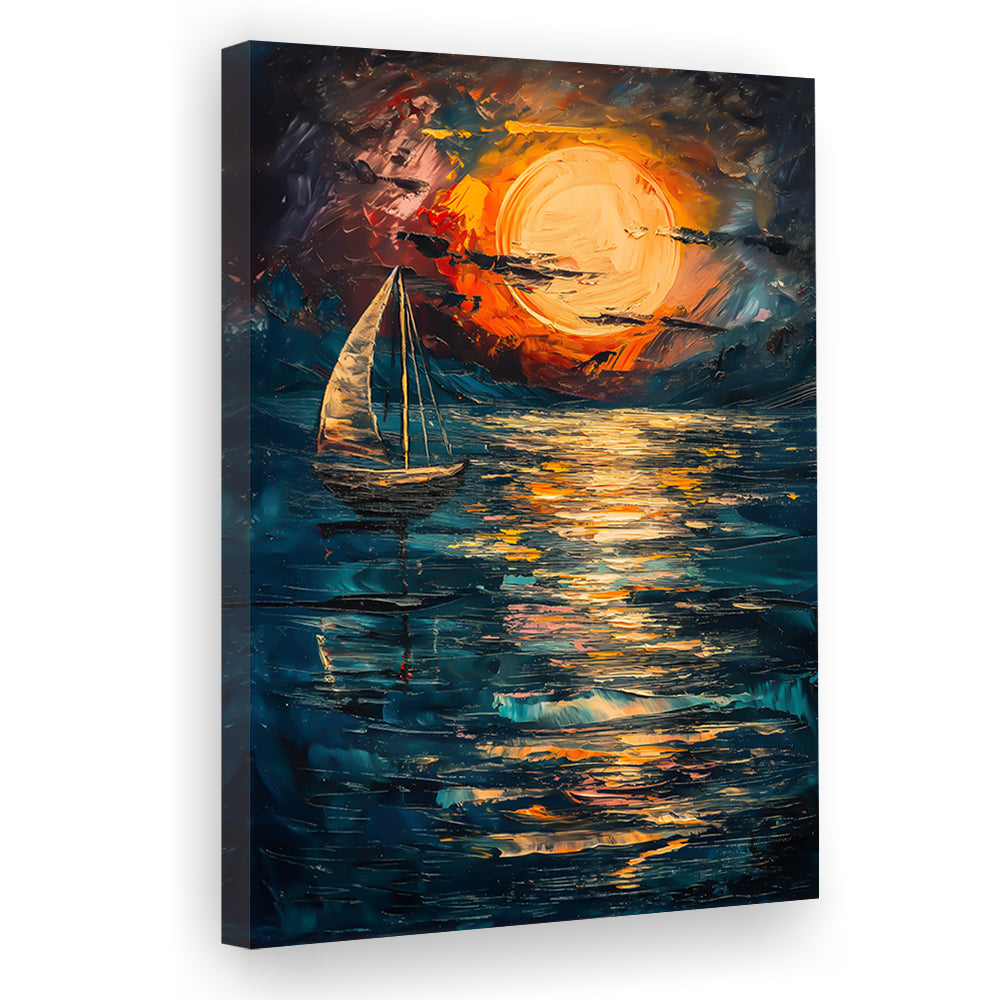 Sailing Board With Moon Reflection On The Water, Canvas Art Print Decor, Painting Art, Canvas Prints Wall Art