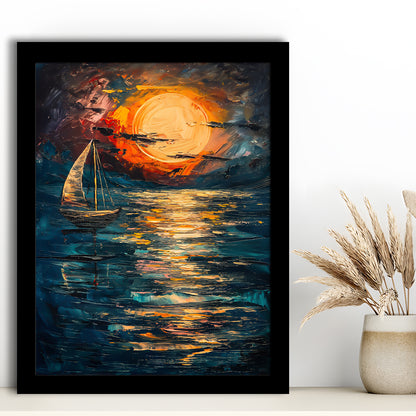 Sailing Board With Moon Reflection On The Water, Framed Picture Print,, Framed Art Prints Wall Decor
