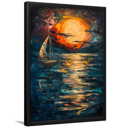 Sailing Board With Moon Reflection On The Water, Framed Picture Print,, Framed Art Prints Wall Decor