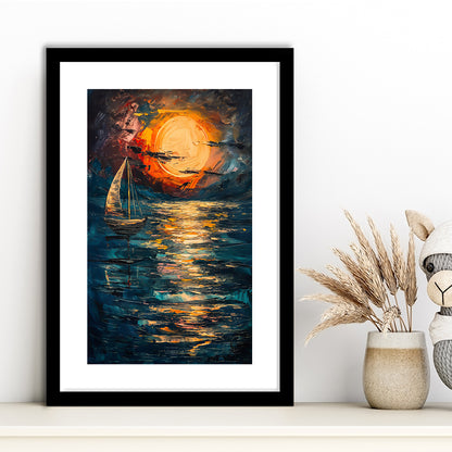 Sailing Board With Moon Reflection On The Water, Framed Picture Print, Framed Art Prints White Border Wall Decor