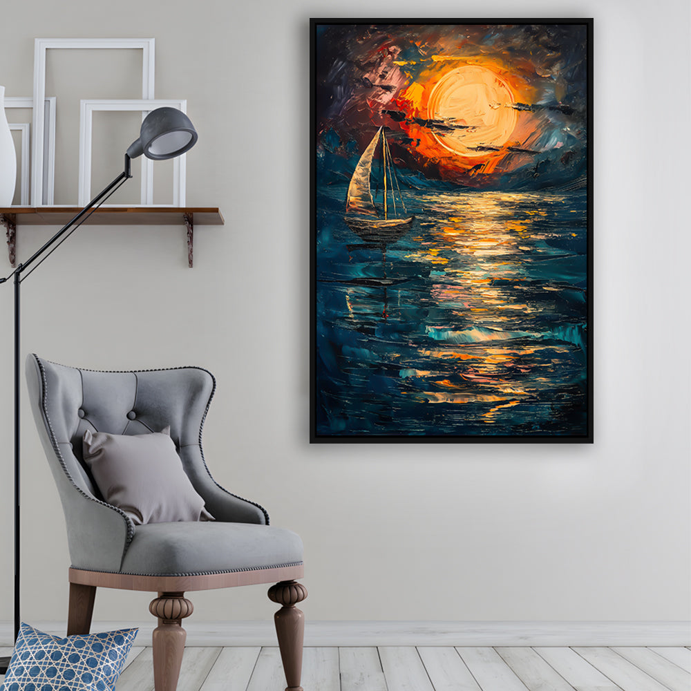Sailing Board With Moon Reflection On The Water, Floating Framed Canvas Art Print,, Framed Canvas Prints Wall Art