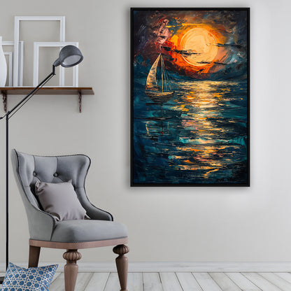 Sailing Board With Moon Reflection On The Water, Floating Framed Canvas Art Print,, Framed Canvas Prints Wall Art