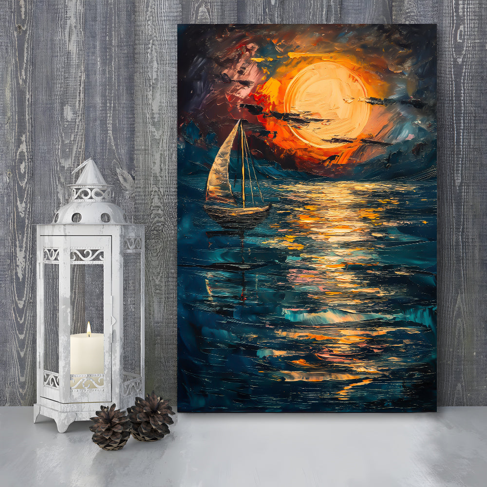 Sailing Board With Moon Reflection On The Water, Canvas Art Print Decor, Painting Art, Canvas Prints Wall Art