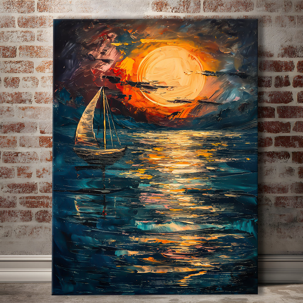 Sailing Board With Moon Reflection On The Water, Canvas Art Print Decor, Painting Art, Canvas Prints Wall Art