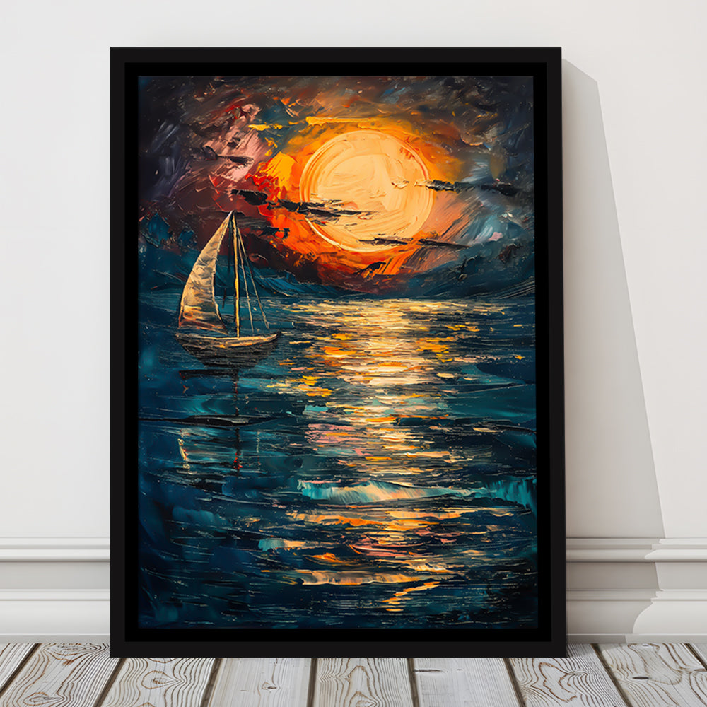 Sailing Board With Moon Reflection On The Water, Floating Framed Canvas Art Print,, Framed Canvas Prints Wall Art