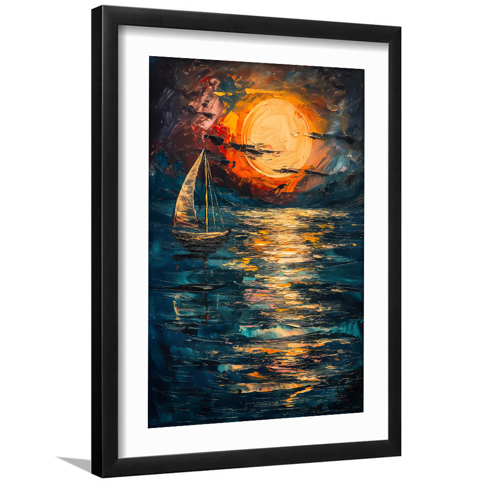 Sailing Board With Moon Reflection On The Water, Framed Picture Print, Framed Art Prints White Border Wall Decor