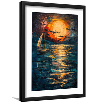Sailing Board With Moon Reflection On The Water, Framed Picture Print, Framed Art Prints White Border Wall Decor