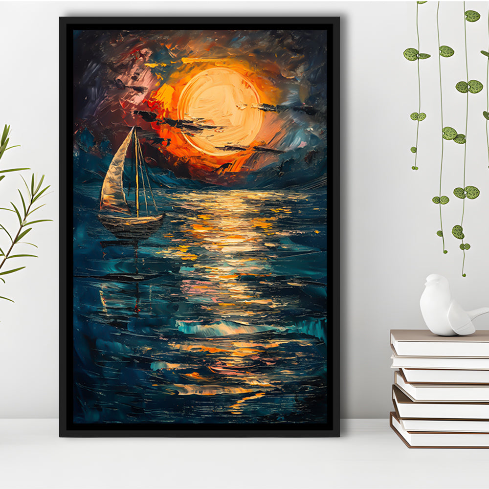 Sailing Board With Moon Reflection On The Water, Floating Framed Canvas Art Print,, Framed Canvas Prints Wall Art