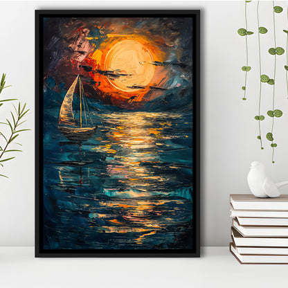 Sailing Board With Moon Reflection On The Water, Floating Framed Canvas Art Print,, Framed Canvas Prints Wall Art