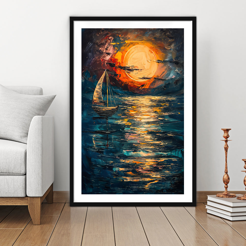 Sailing Board With Moon Reflection On The Water, Framed Picture Print, Framed Art Prints White Border Wall Decor