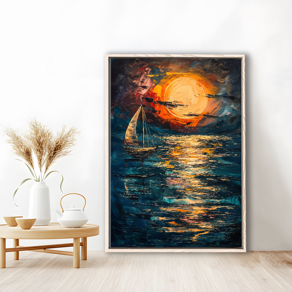 Sailing Board With Moon Reflection On The Water, Floating Framed Canvas Art Print,, Framed Canvas Prints Wall Art