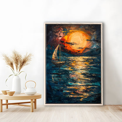 Sailing Board With Moon Reflection On The Water, Floating Framed Canvas Art Print,, Framed Canvas Prints Wall Art