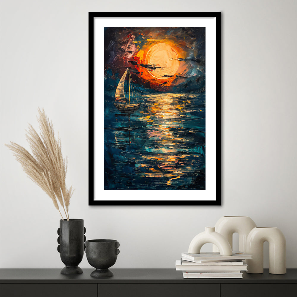 Sailing Board With Moon Reflection On The Water, Framed Picture Print, Framed Art Prints White Border Wall Decor