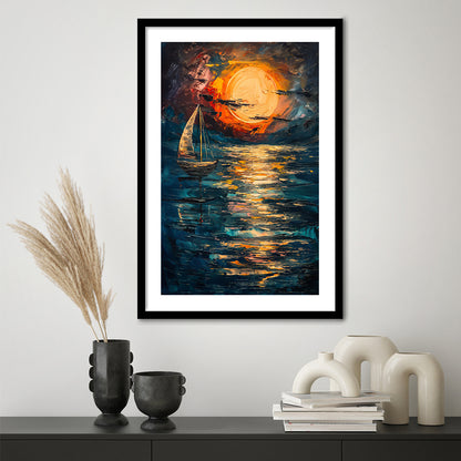 Sailing Board With Moon Reflection On The Water, Framed Picture Print, Framed Art Prints White Border Wall Decor