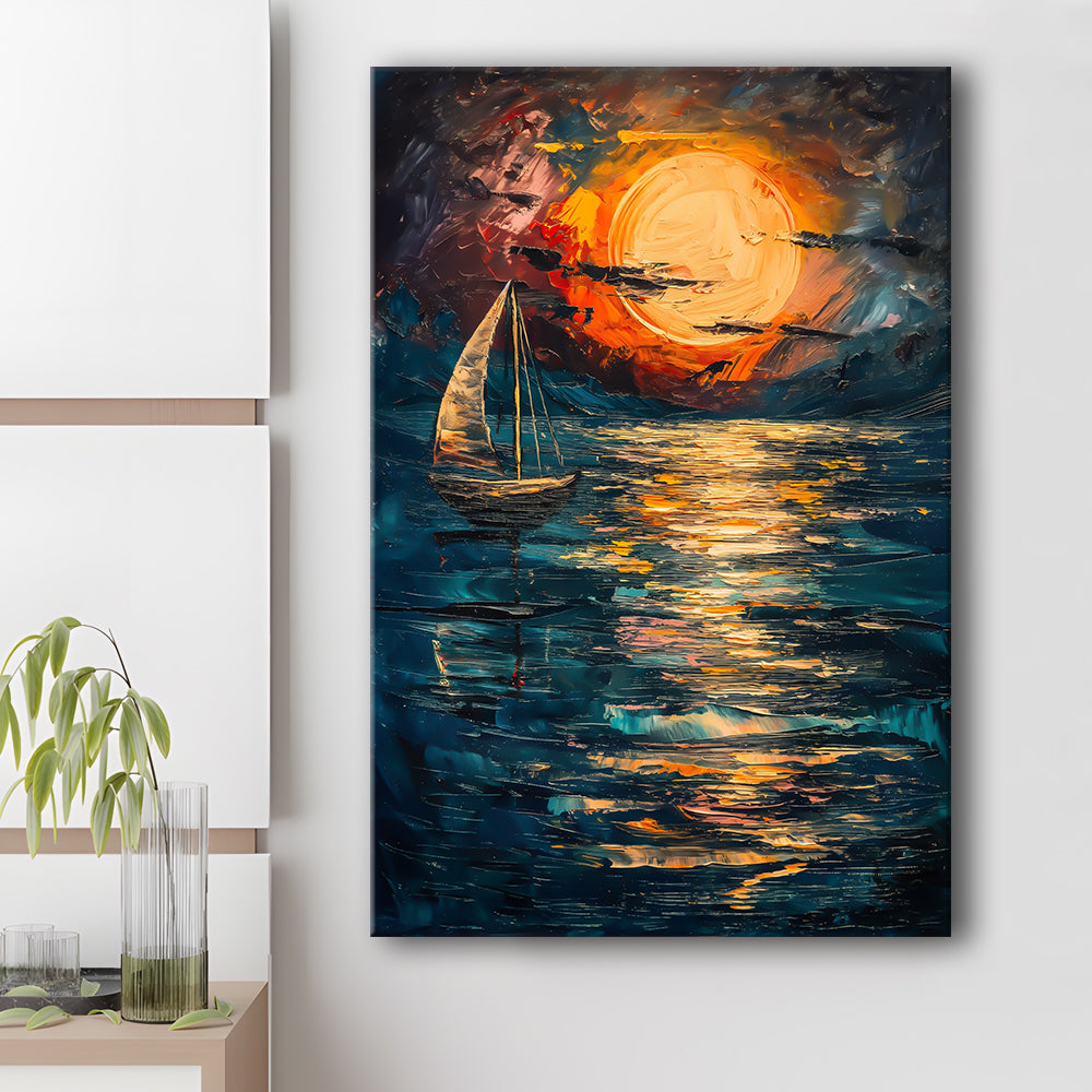 Sailing Board With Moon Reflection On The Water, Canvas Art Print Decor, Painting Art, Canvas Prints Wall Art
