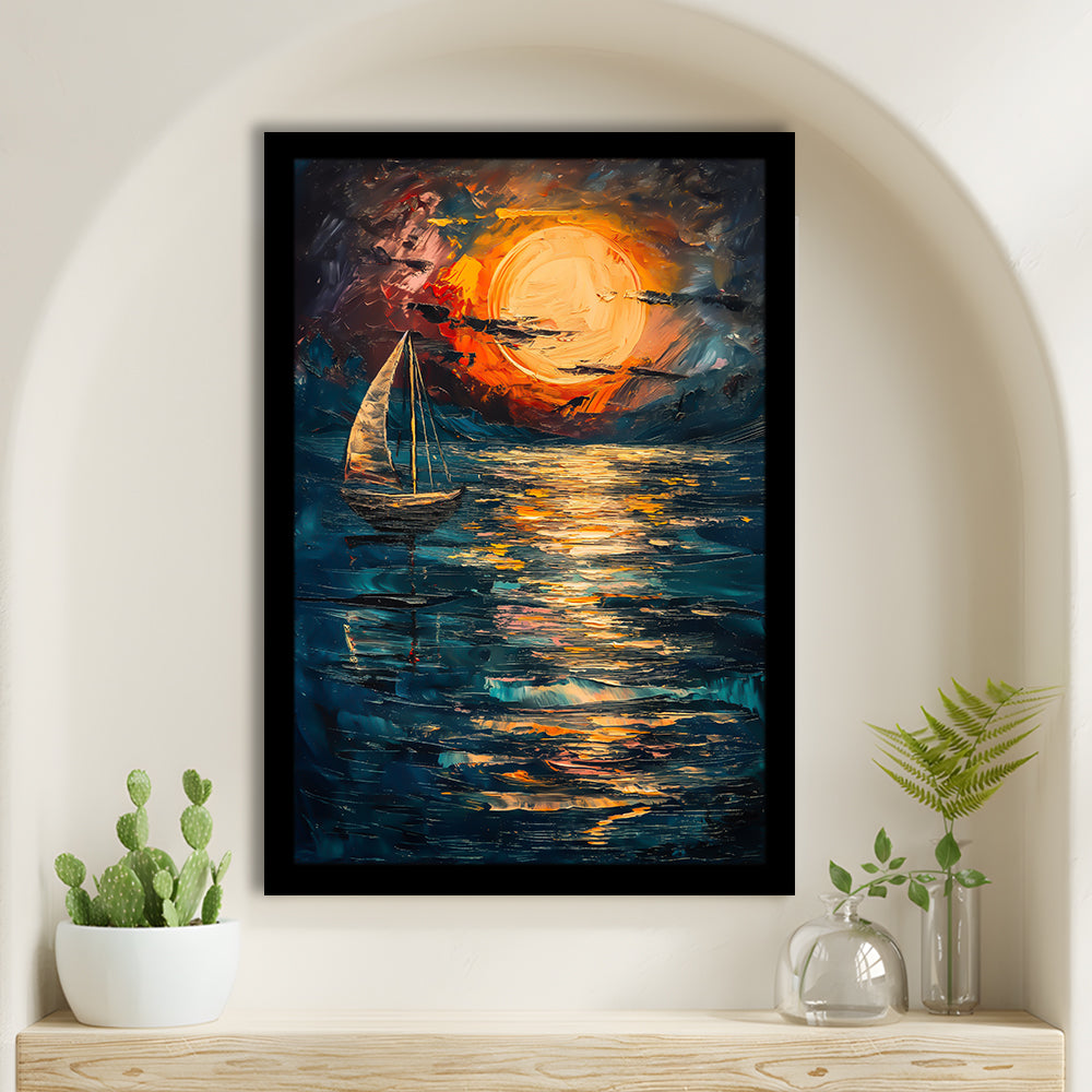 Sailing Board With Moon Reflection On The Water, Framed Picture Print,, Framed Art Prints Wall Decor
