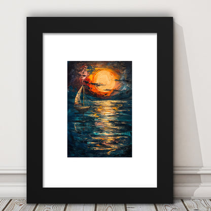 Sailing Board With Moon Reflection On The Water, Framed Picture Print, Framed Art Prints White Border Wall Decor