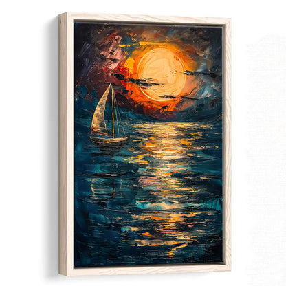 Sailing Board With Moon Reflection On The Water, Floating Framed Canvas Art Print,, Framed Canvas Prints Wall Art