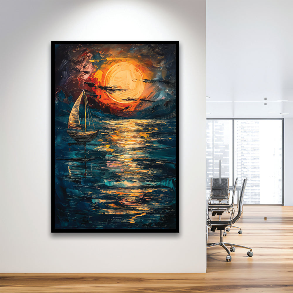 Sailing Board With Moon Reflection On The Water, Framed Picture Print,, Framed Art Prints Wall Decor