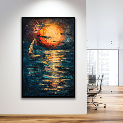 Sailing Board With Moon Reflection On The Water, Framed Picture Print,, Framed Art Prints Wall Decor