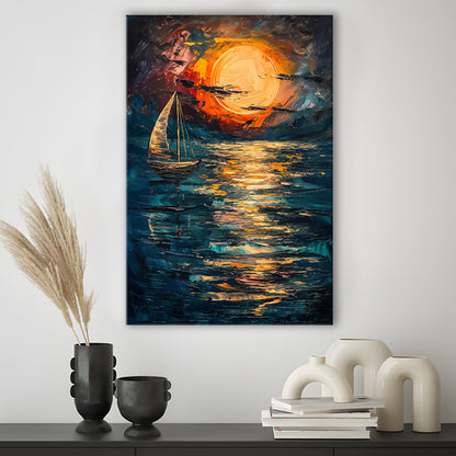 Sailing Board With Moon Reflection On The Water, Canvas Art Print Decor, Painting Art, Canvas Prints Wall Art