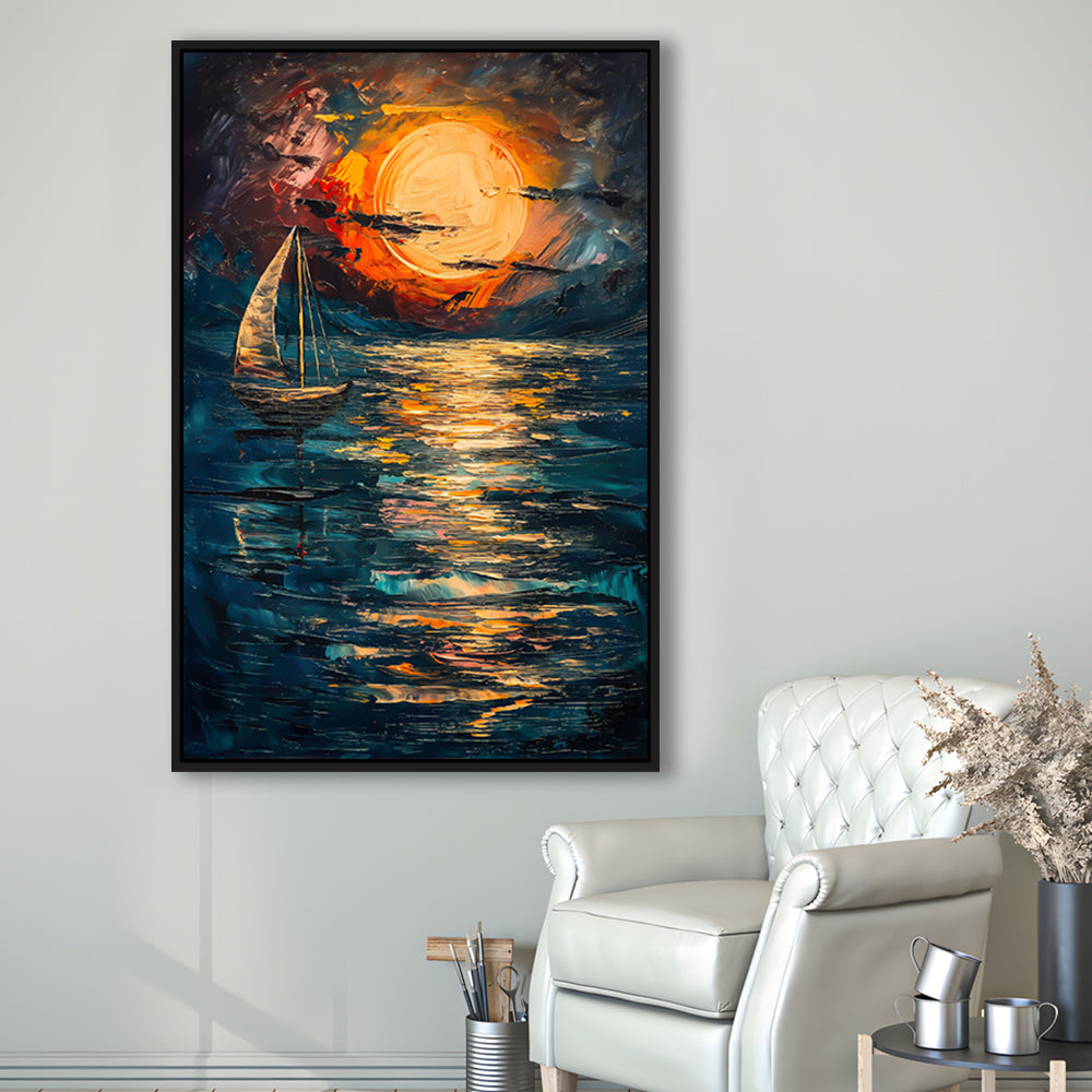 Sailing Board With Moon Reflection On The Water, Floating Framed Canvas Art Print,, Framed Canvas Prints Wall Art