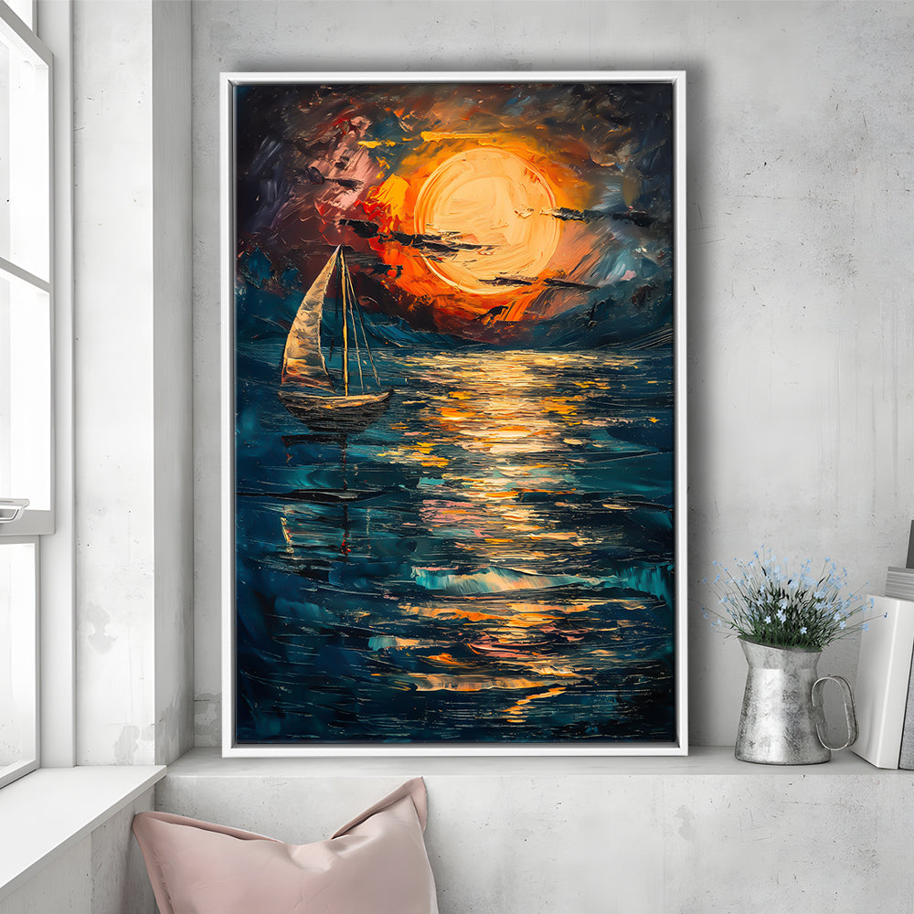 Sailing Board With Moon Reflection On The Water, Floating Framed Canvas Art Print,, Framed Canvas Prints Wall Art