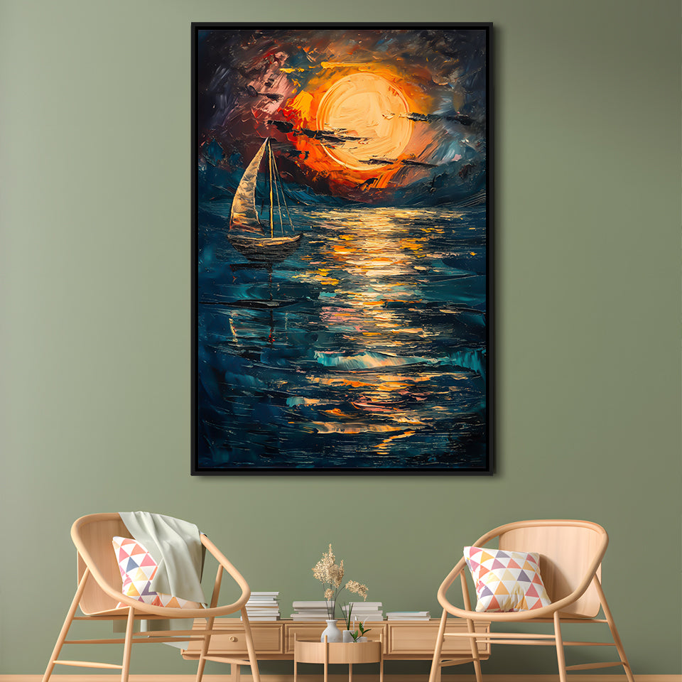 Sailing Board With Moon Reflection On The Water, Floating Framed Canvas Art Print,, Framed Canvas Prints Wall Art
